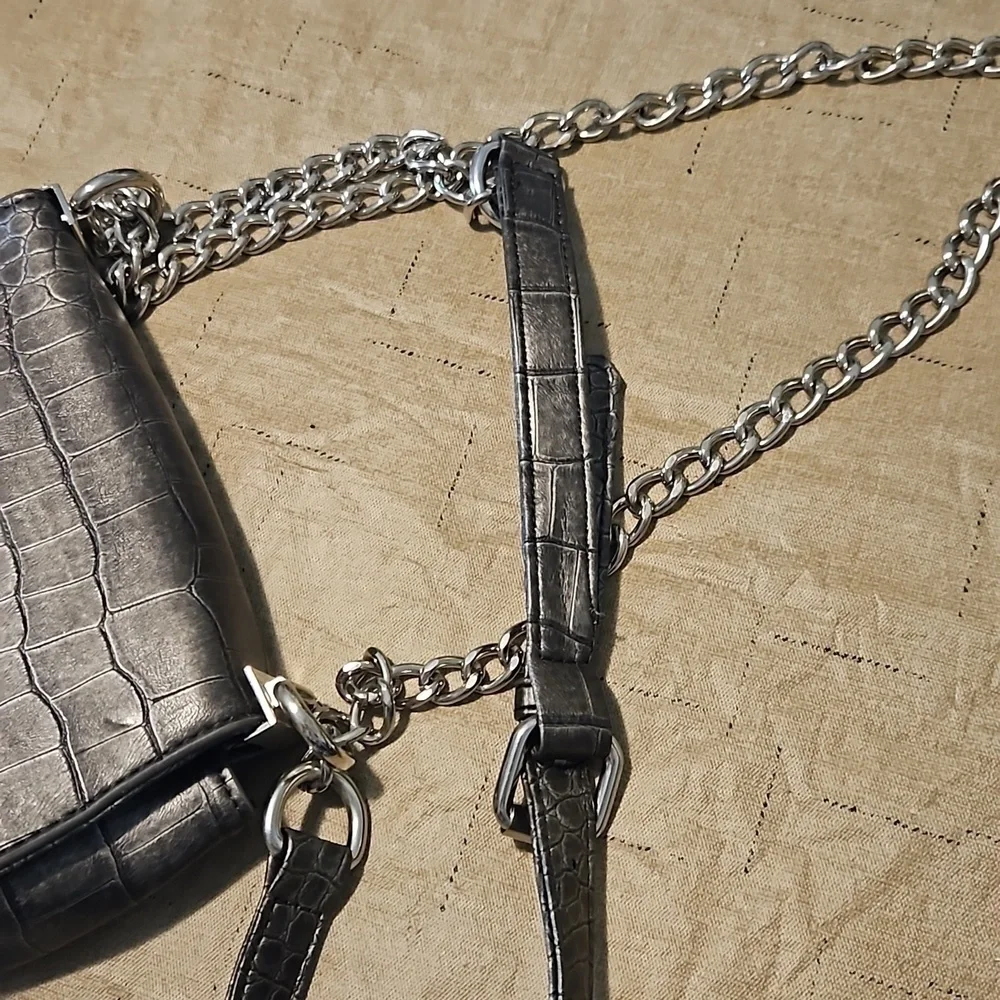Bebe Silver Pewter Faux Leather Baguette Bag